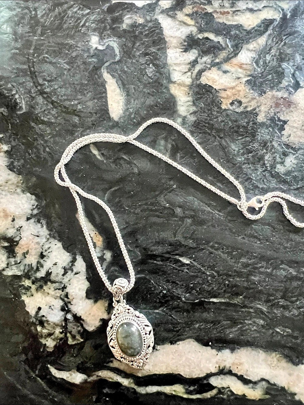 Silver-Tone Green Stone Pendant Necklace